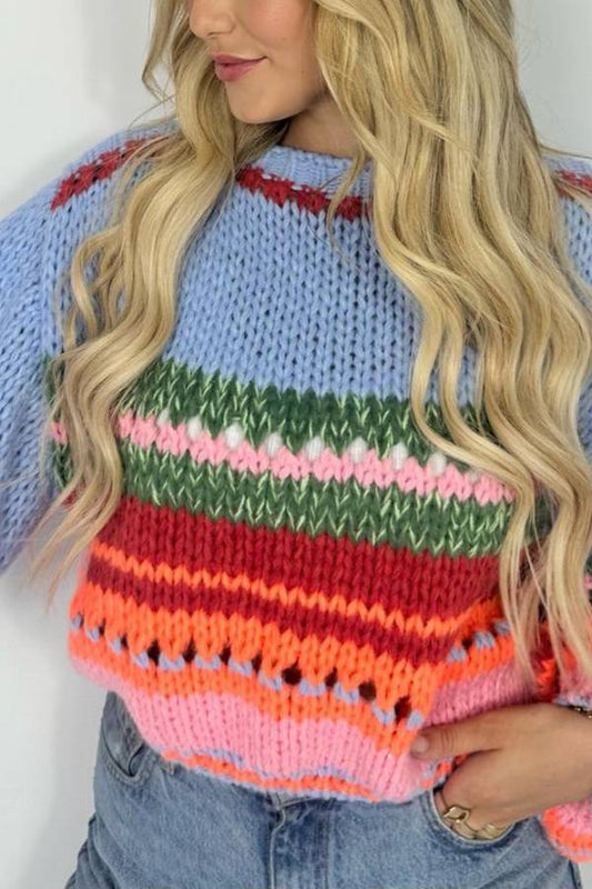 Suéter de punto de manga larga con cuello redondo y diseño hueco multicolor Rainbow Mood