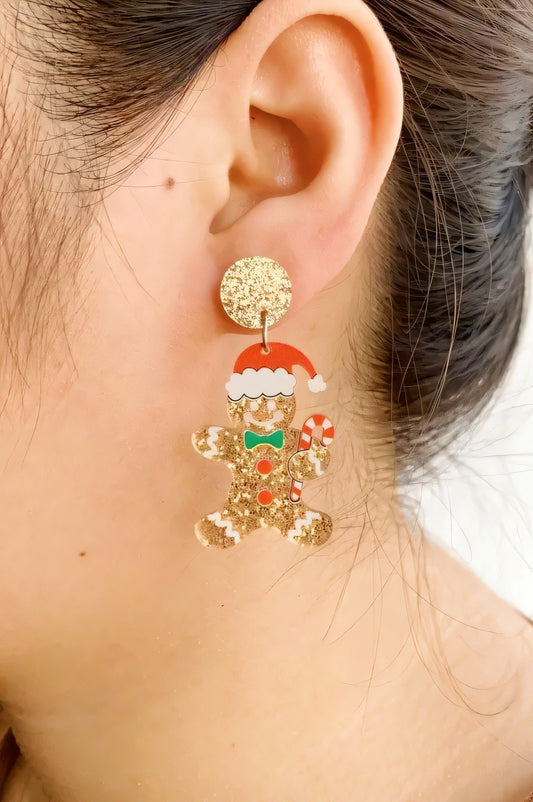 Pendientes colgantes de hombrecito de jengibre con brillantina