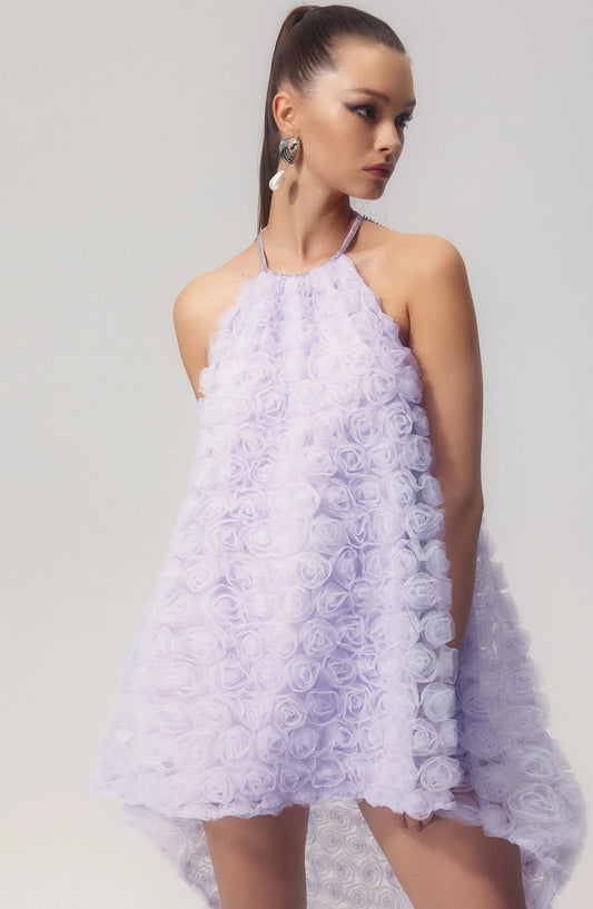 Michaelia Floral Applique Halter Mini Mesh Dress