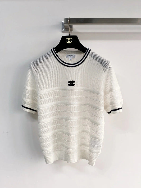 Chanel 2026 Short-sleeved Shirt Navy Blue White Tencel Cotton 166800
