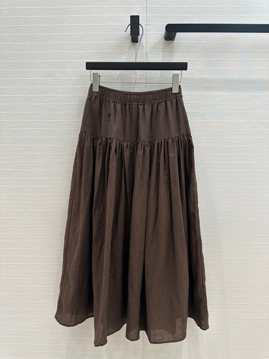 CD Pleated Long Skirt Brown Linen