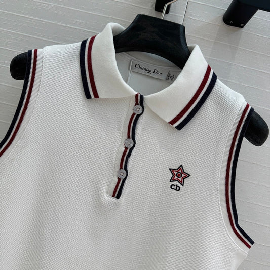CD Polo Collar Vest Top White Cotton