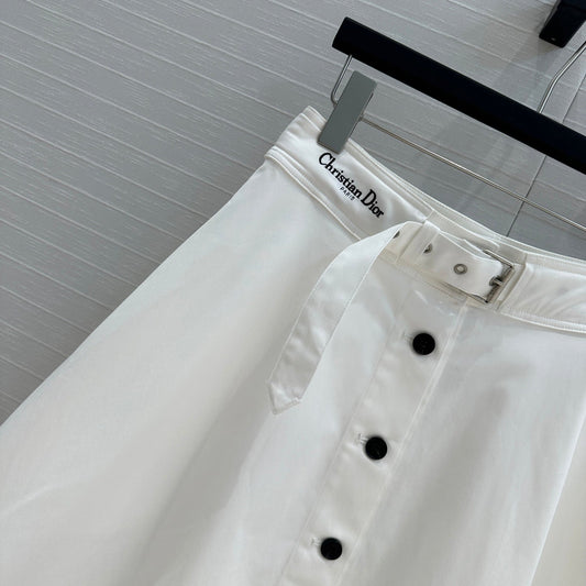CD 25 Belted Single-breasted Long Skirt White Cotton