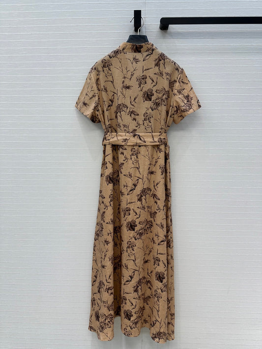 CD 25 Floral Print V-neck Long Skirt Beige mix Dark Brown Linen