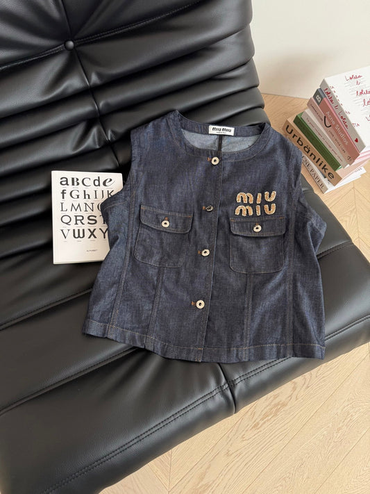 Miu Miu Beaded Letters Decorated Denim Suit Dark Blue Cotton