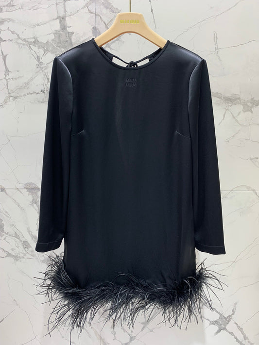 Miu Miu Ostrich Feather Dress Black Acetate Satin Fabric