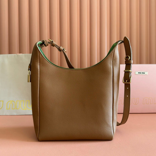 Miu Leather Bucket Bag 23cm Brown Grain Cowhide