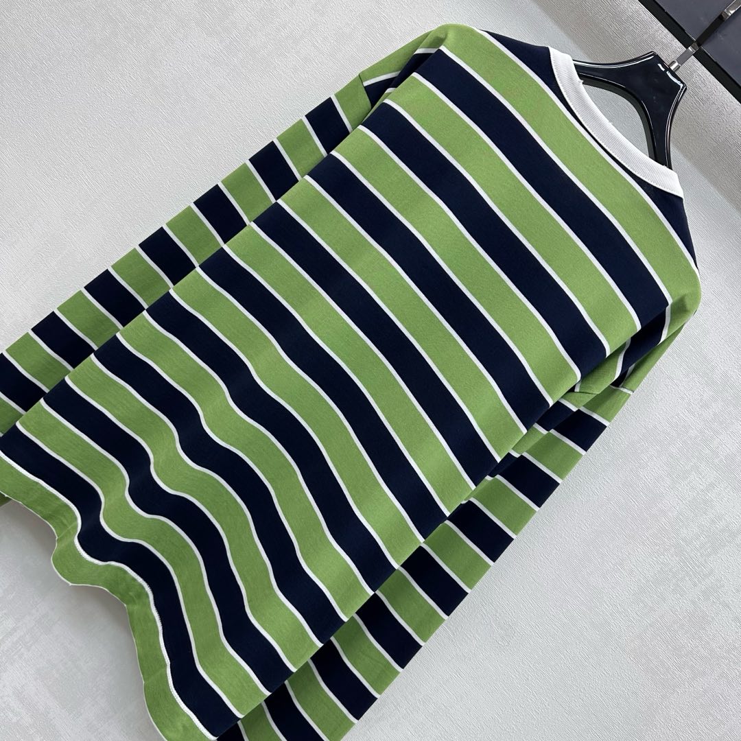 Prada Crew Neck Striped Block T-Shirt Blue Fern Green Cotton 350365
