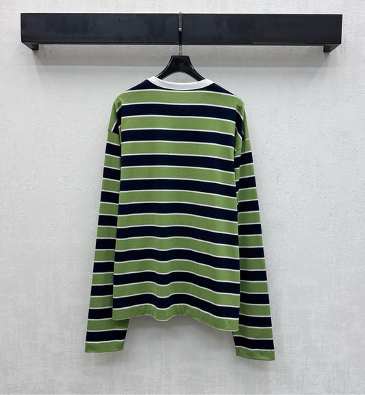 Prada Crew Neck Striped Block T-Shirt Blue Fern Green Cotton 350365