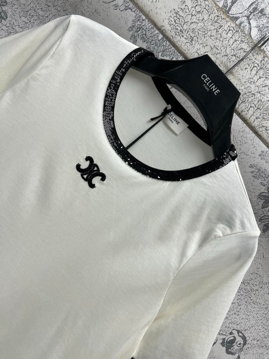 Celine 25 Embroidered Logo T-shirt White mix Black Cotton Polyester
