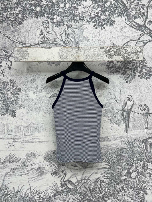 Celine 25 Embroidered Logo Striped Small Vest Navy Blue mix White Cotton