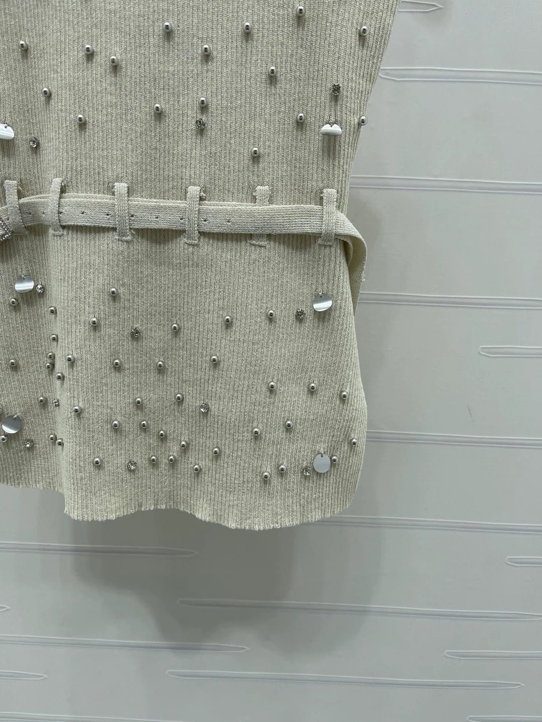 Miumiu 2026 Knit Top With Crystal Details And Belted Waist Wool