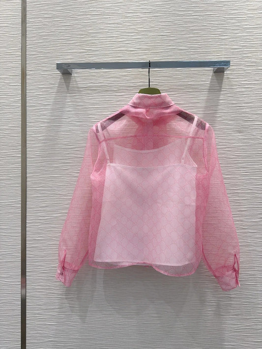 Gucci 2026 GG Tie-neck Printed Chiffon Shirt Pink Polyester 131877
