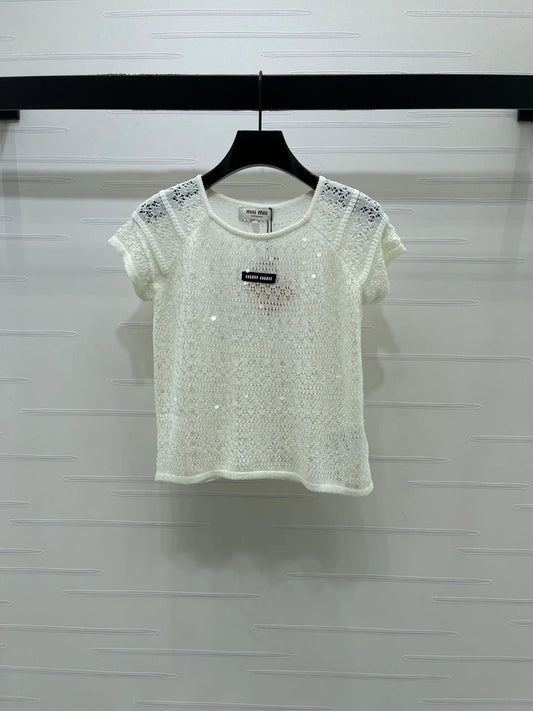 Miumiu 2026 Hollowed-out Knit Top Blue White Wool Polyester