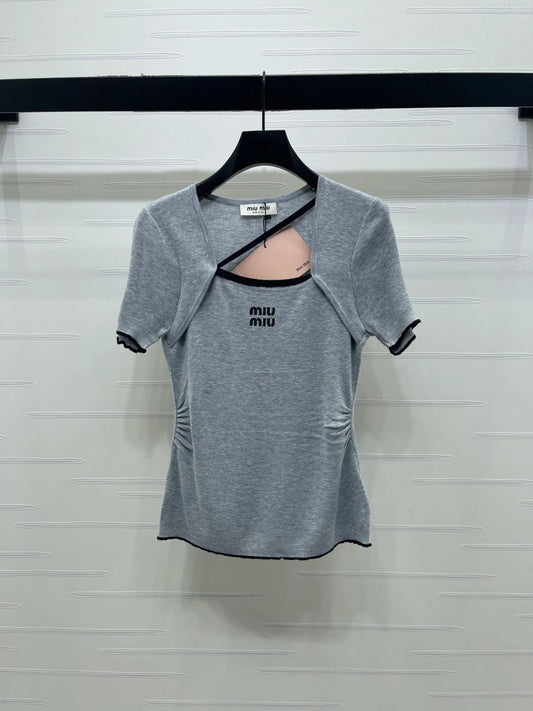 Miumiu 2026 Square Neck Knit Short-Sleeve Top Wool Cashmere 355575