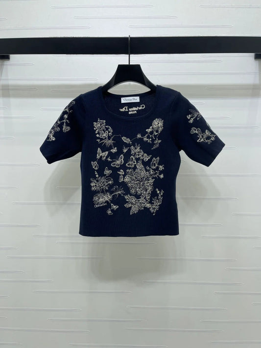Dior 2026 Butterfly Square Neck Knit Short-sleeved Top Wool