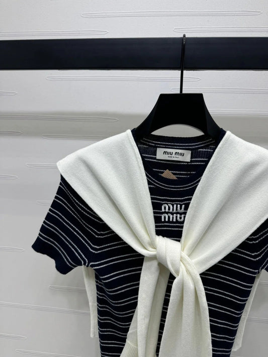MIU 25S SHORT SLEEVE STRIPED KNITTED CAPE 264138