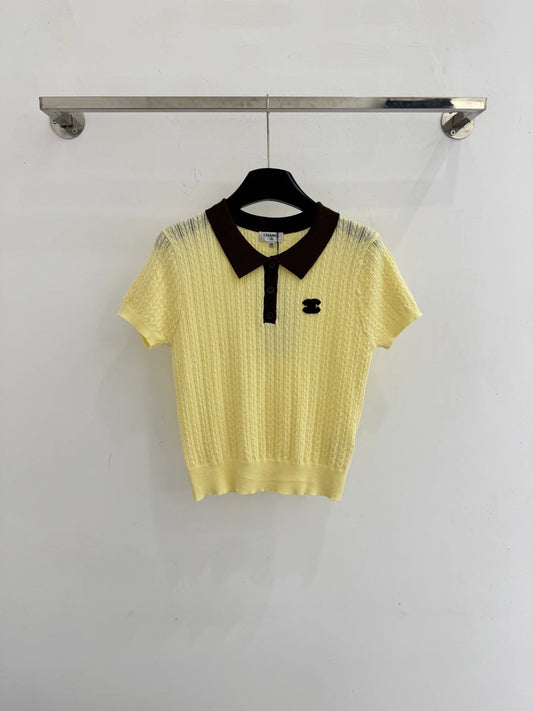 Chanel 2026 Polo Collar Short-sleeved Top Yellow and Purple Wool Polyester