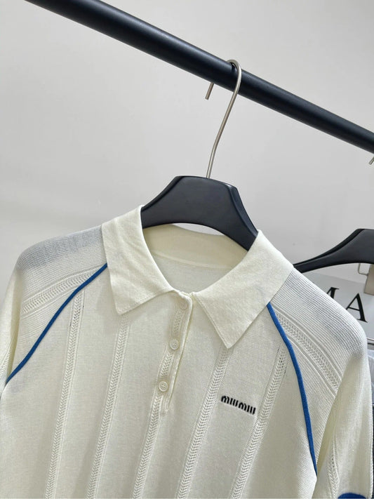 MIUMIU SHORT-SLEEVE RAGLAN POLO SHIRT IN BLUE AND WHITE 267966