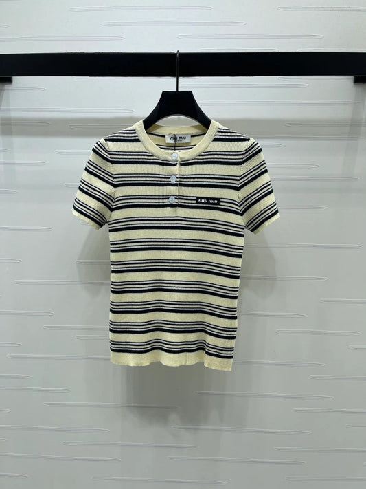 Miumiu 2026 Striped Knit Short-sleeved Top Cream and Black Wool Tencel 356453