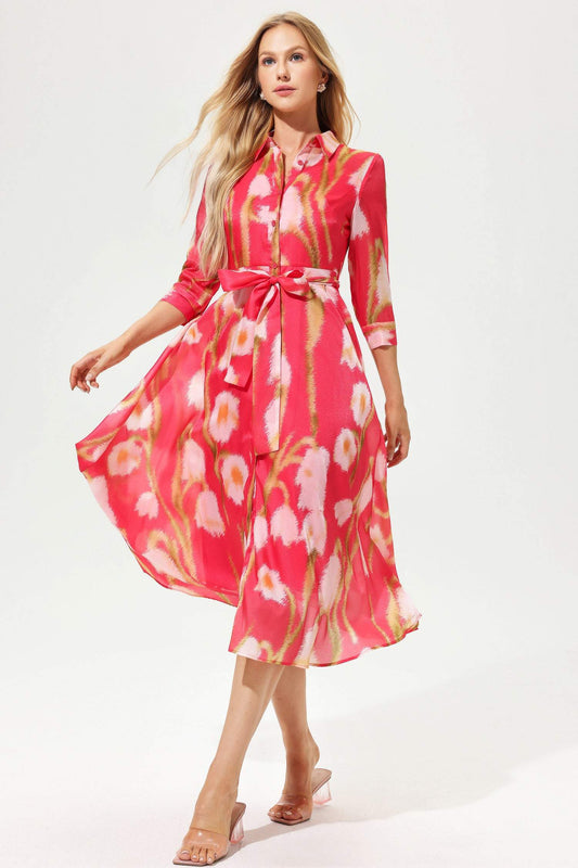 Vestido midi con solapa, encaje y manga corta con estampado floral