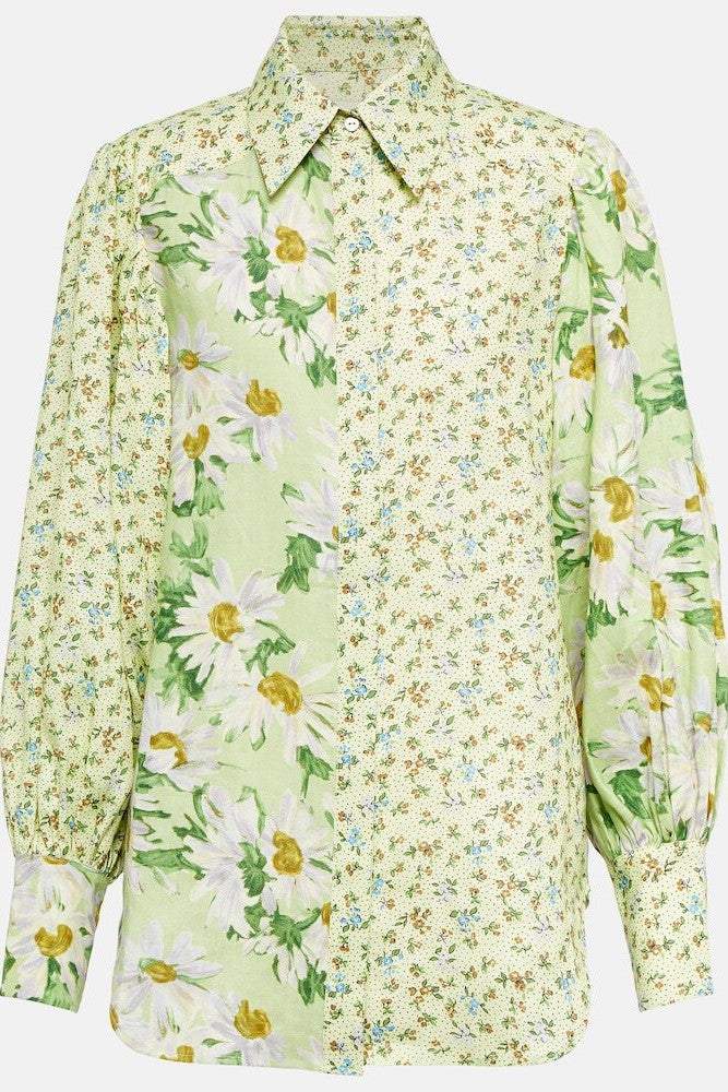 Conjunto de top de manga larga con cuello camisero y pantalón de cintura alta con estampado floral