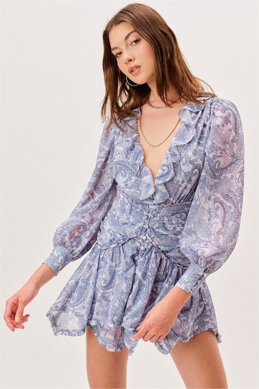 Minivestido floral de manga larga con escote en V