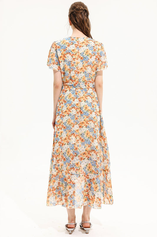 Vestido midi de manga corta con escote en V y estampado floral amarillo