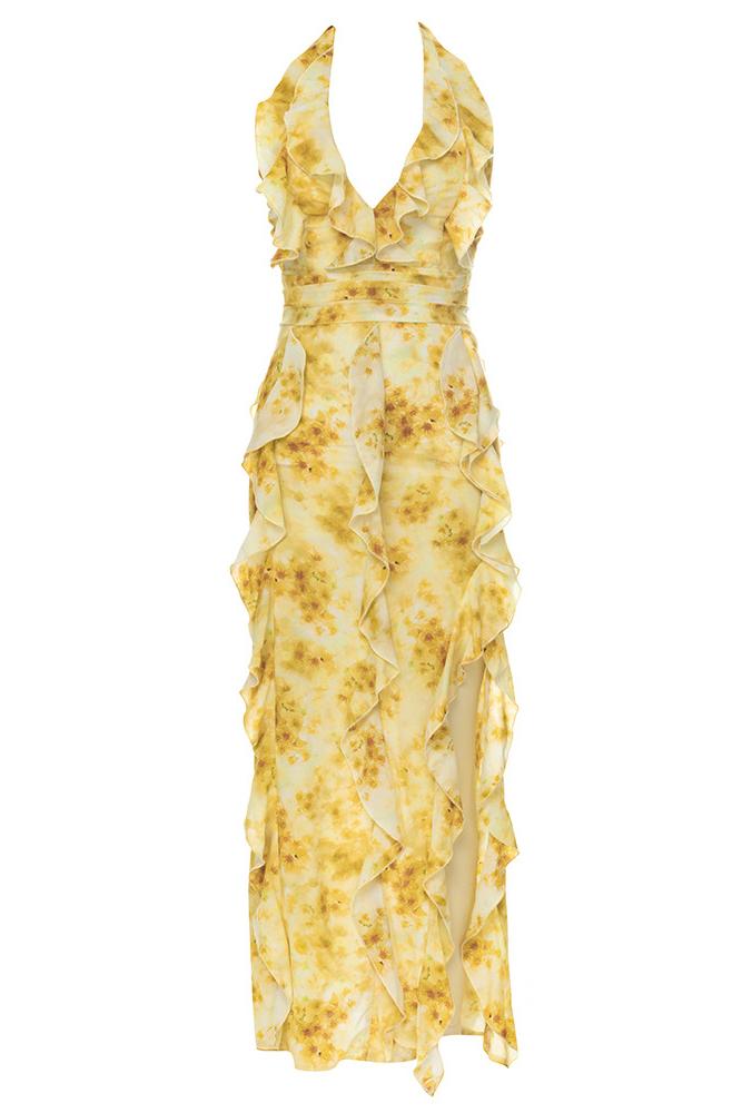 Vestido largo con cuello halter, volantes y flores