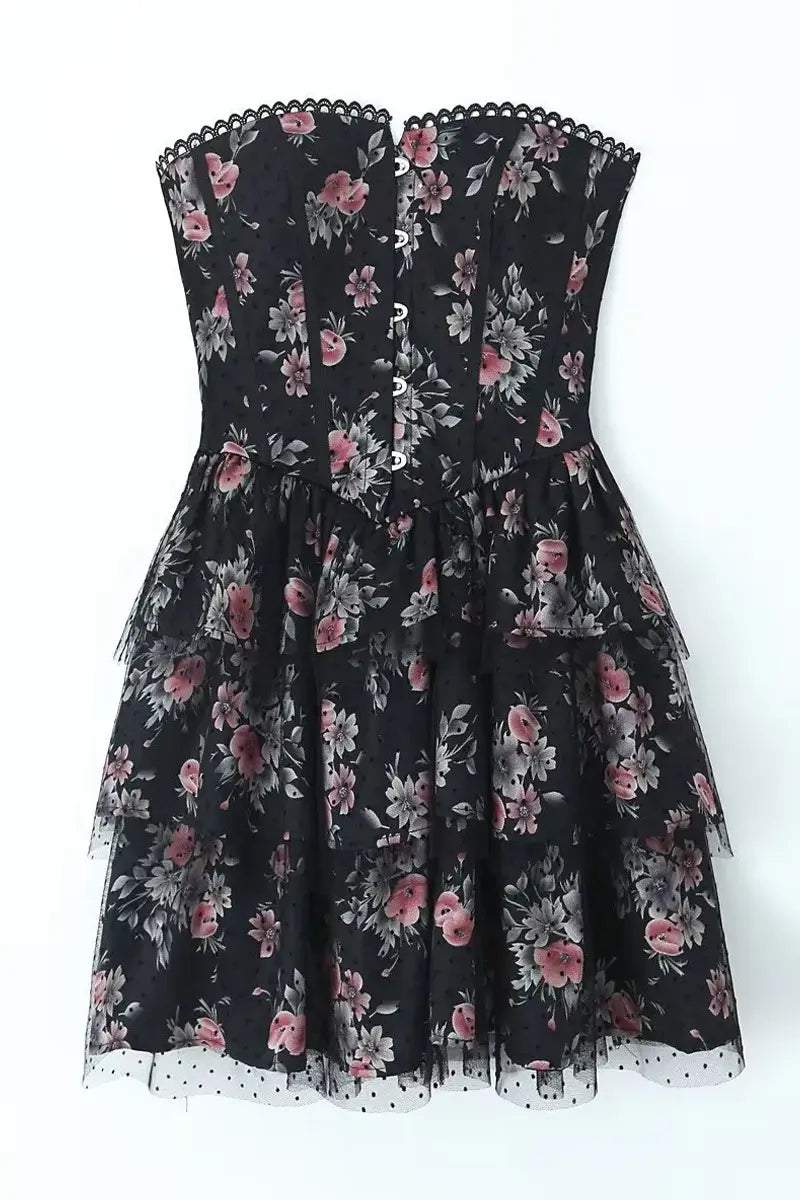 Floral Lace Polka Dot Mesh Corset Mini Dress