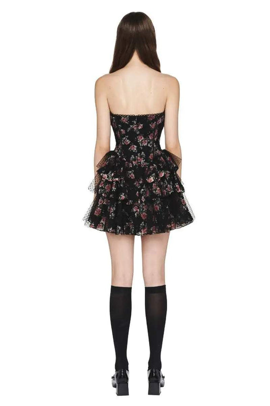 Vestido mini con corsé de malla y lunares con encaje floral