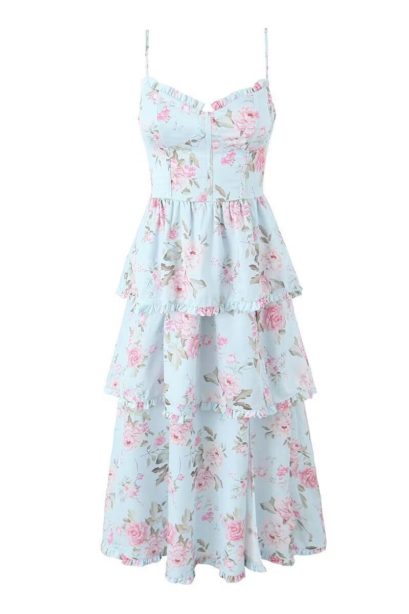 Vestido midi con escote corazón floral, volantes y abertura lateral