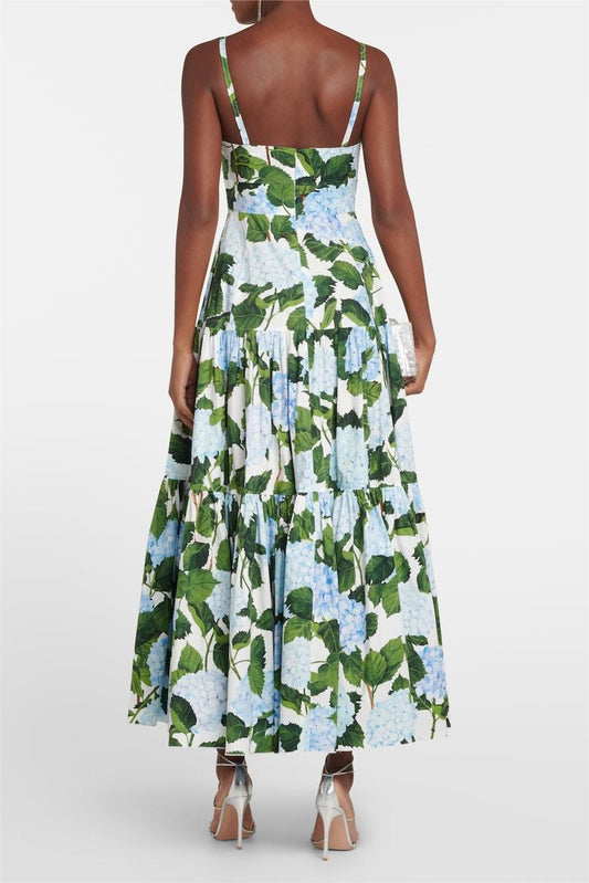 Vestido largo de popelina con hortensias y cuello en V