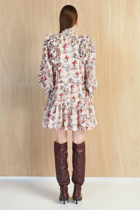 Vestido mini con cuello alto y mangas farol con estampado floral