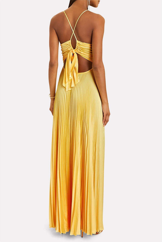 Vestido largo camisola plisado con cuello en V y cordones