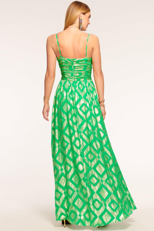 Metallic V-Neck Maxi Dress Green