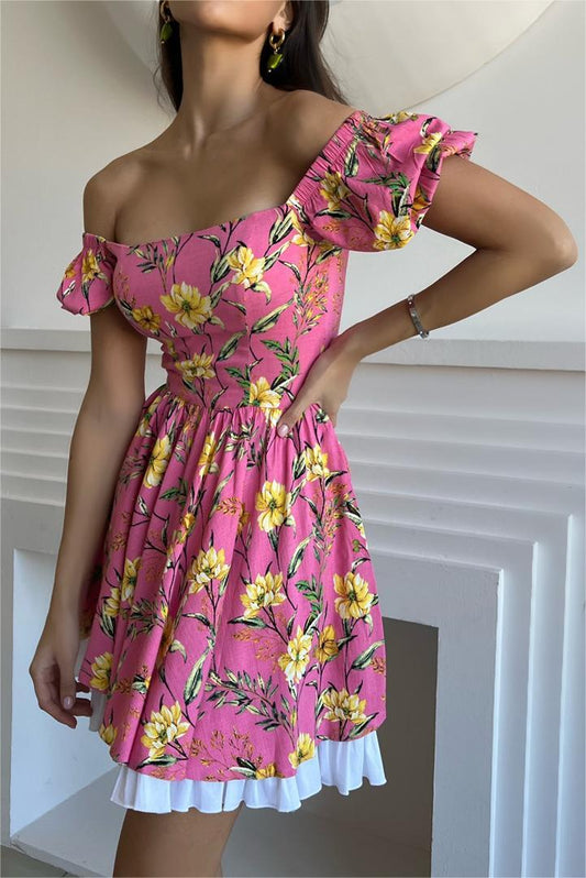 Vestido mini con cuello cuadrado y mangas abullonadas con estampado floral