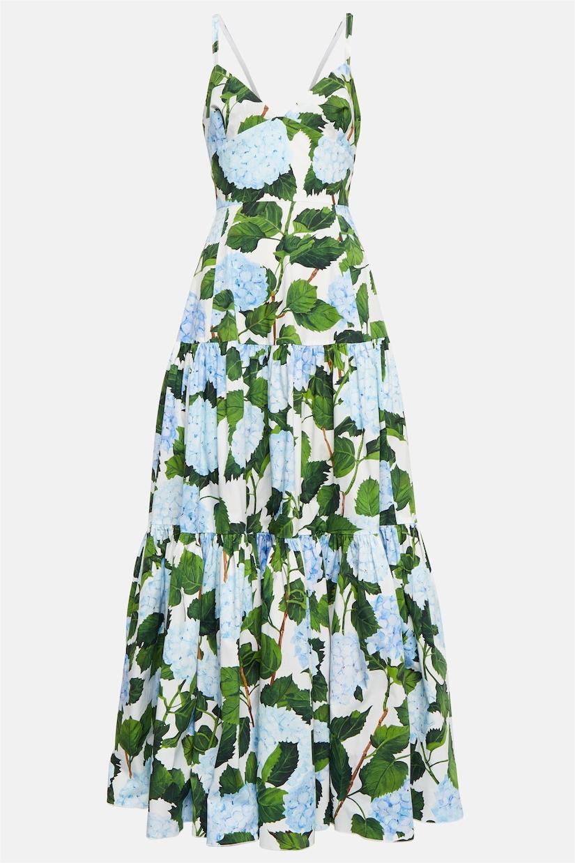 Vestido largo de popelina con hortensias y cuello en V