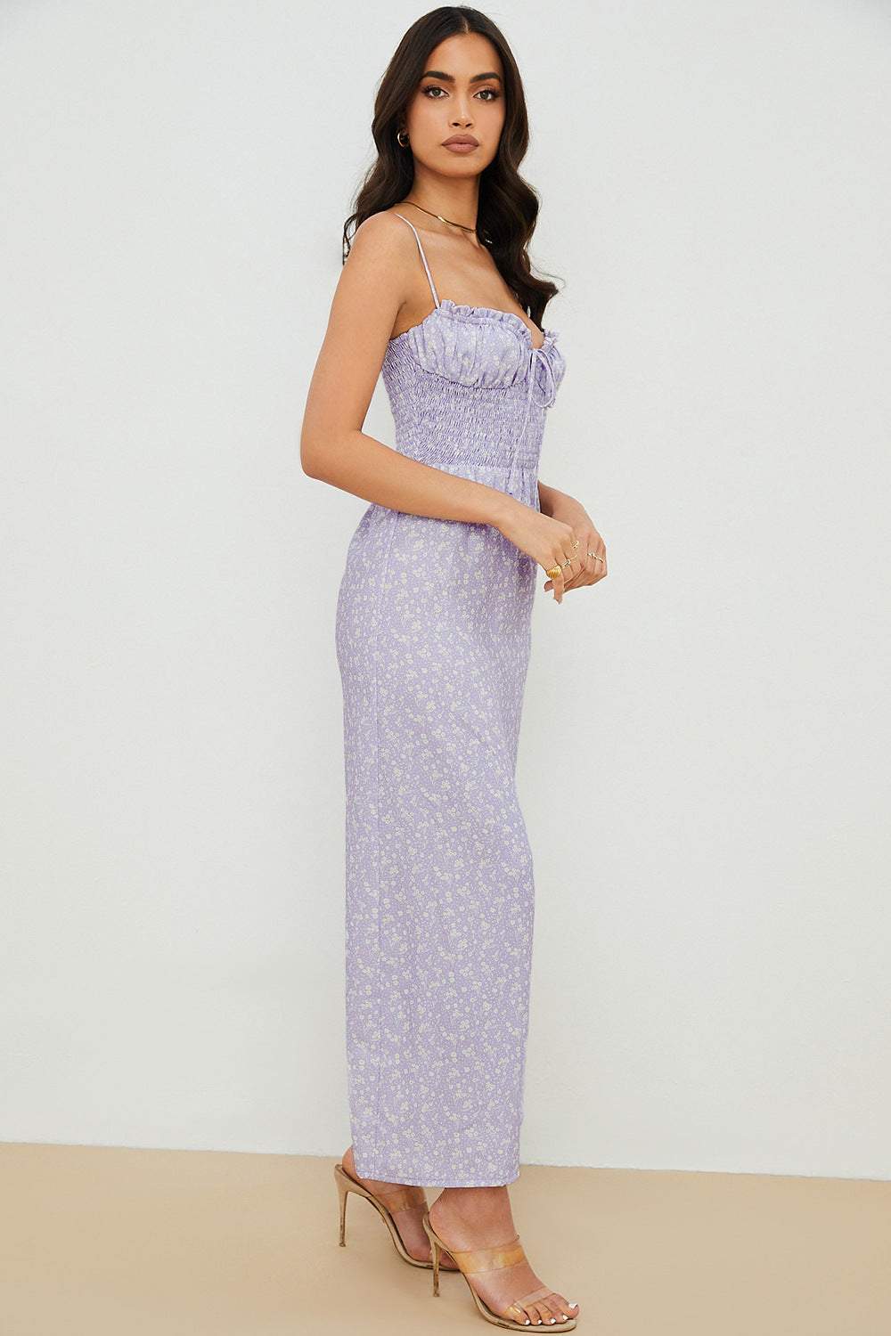 Vestido camisola elástico fruncido con estampado floral