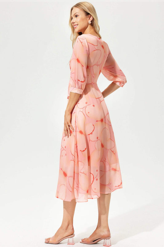 Vestido midi plisado con cuello en V y mangas farol estampadas