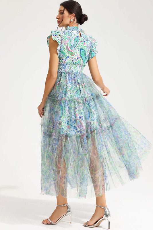 Vestido midi con cuello redondo, mangas onduladas y estampado abstracto