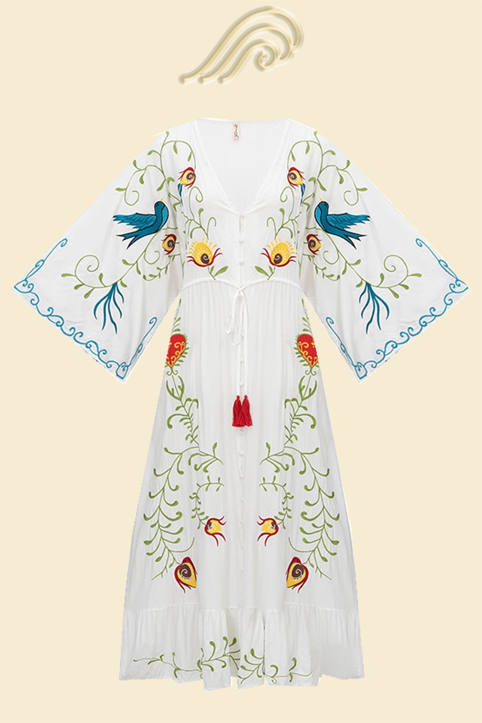 Vestido Lola con cuello en V, encaje y bordado