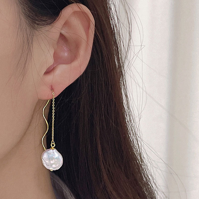 Threader Earrings with Spiral Wire and Baroque Pearl Drop