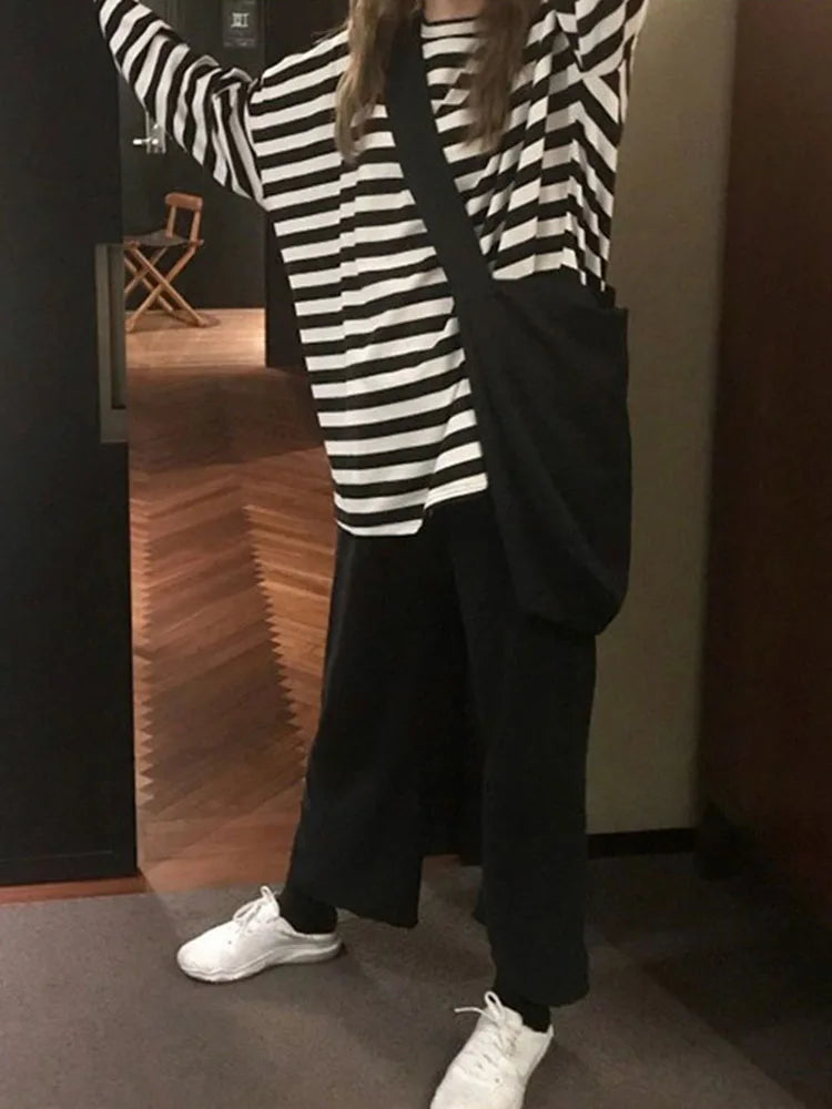 Camiseta a rayas harajuku de primavera y otoño para mujer, camisetas de manga larga con cuello redondo, camisetas casuales coreanas ulzzang, camisetas negras para mujer