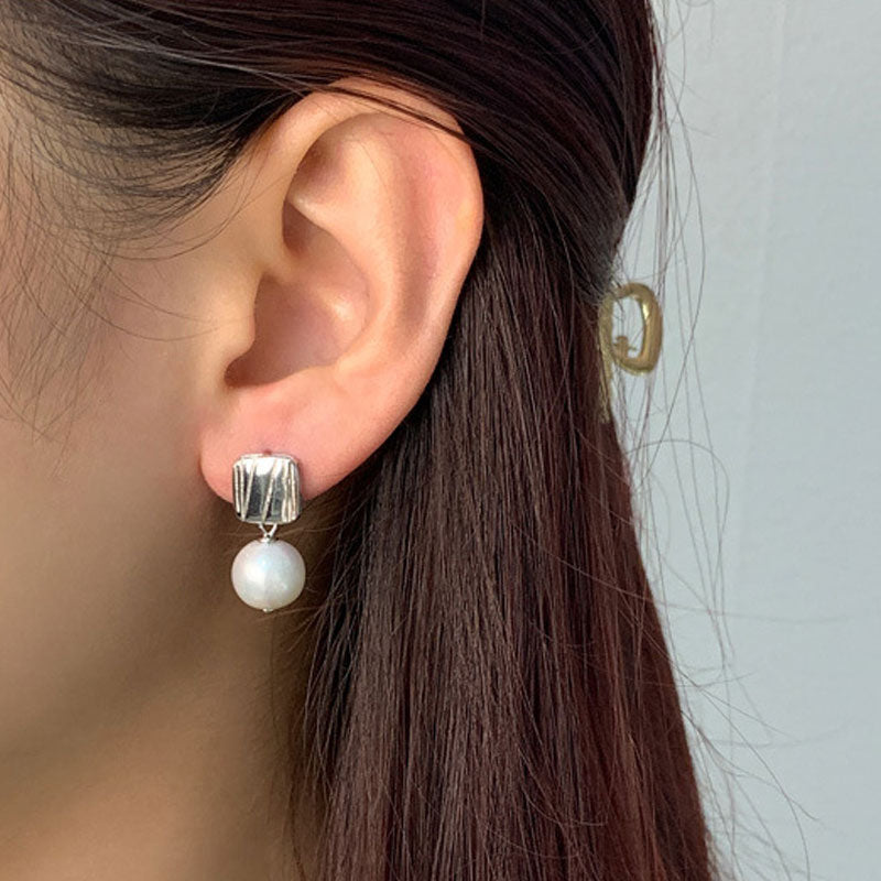 Sterling Silver Plated Two Tone Square Baroque Pearl Drop Earrings
