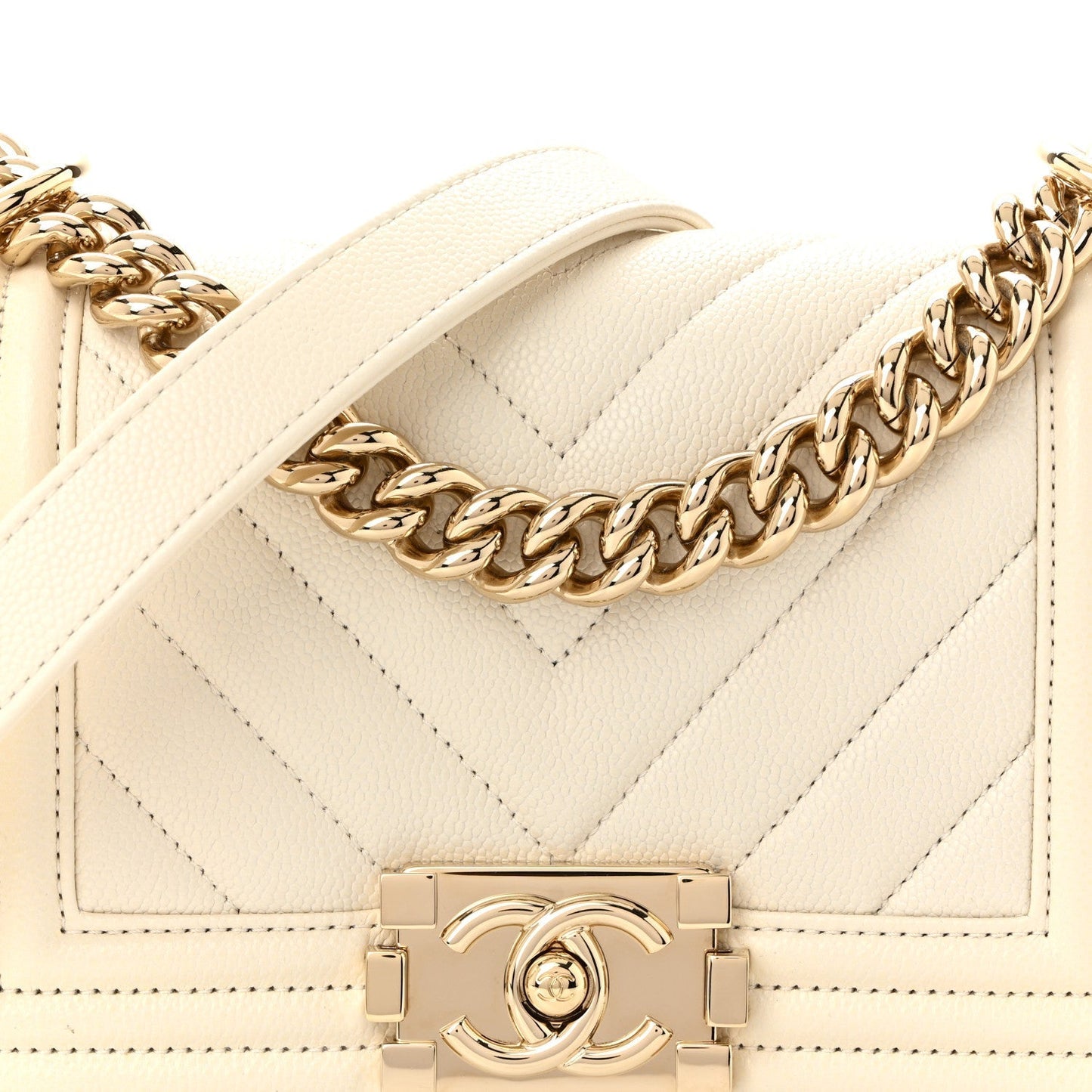 Caviar Chevron Quilted Small Boy Flap White