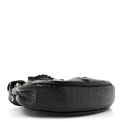 Extra Supple Calfskin Crystal Crocodile Embossed Le Cagole Shoulder Bag XS Black