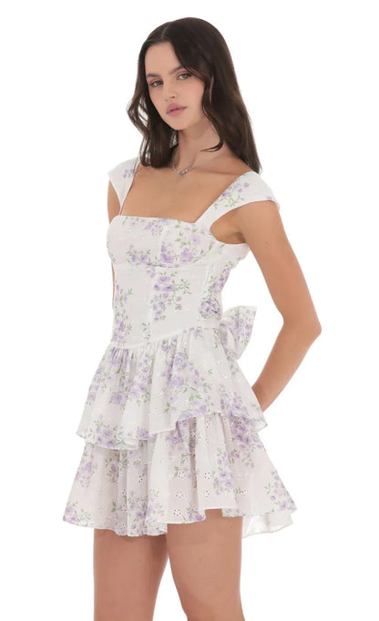 Floral Ruffle Cap Sleeve Dress in White
