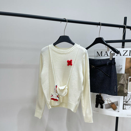 CE Beige Crew Neck Sweater with Brooch Decoration Wool Blend 320825