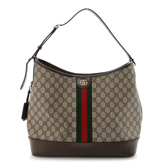 GG Supreme Monogram Textured Dollar Calfskin Web Large Ophidia Bucket Shoulder Bag Beige Ebony New Acero